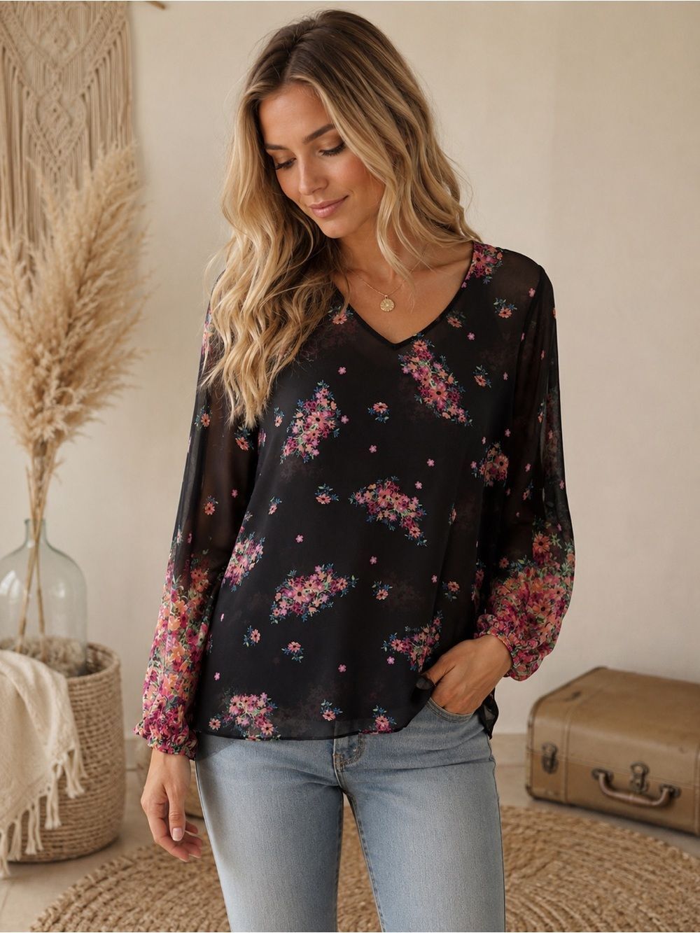 CAbi Black Floral Sheer Boho Blouse